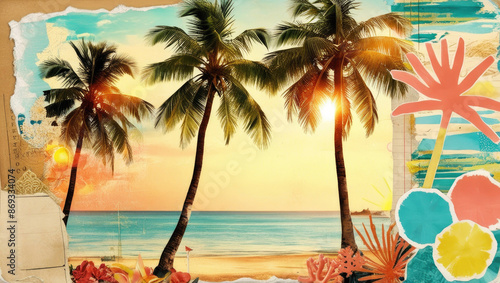 Artistic summer collage with palm trees and beach scenery. a retro travel journal, with hints of distressed paper and watercolor-inspired brushstrokes