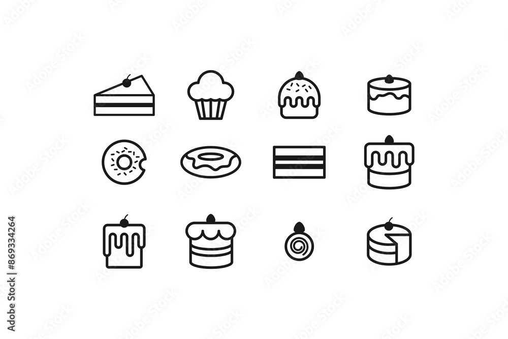 vector cake icon line art set vector cake icon line art set