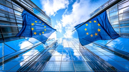 European Union flags reflected on modern glass buildings against a blue sky. Captures the spirit of unity and European identity. Ideal for corporate, governance, or EU-related content. AI