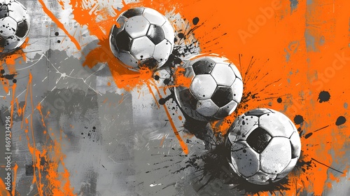 Abstract Soccer Balls with Orange and Grey Splashes.
