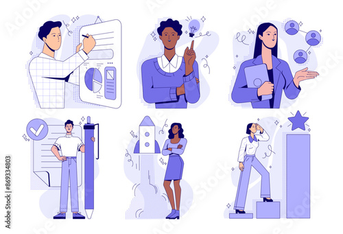 Wallpaper Mural Business activity. Set of scenes with entrepreneurs launching startup, generating new creative ideas, planning strategy for growth and success. Flat vector illustrations isolated on white background Torontodigital.ca