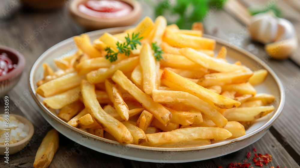 Close-up of a tasty looking french fries on a plate with restaurant serve Close-up of a tasty looking french fries on a plate with restaurant serve