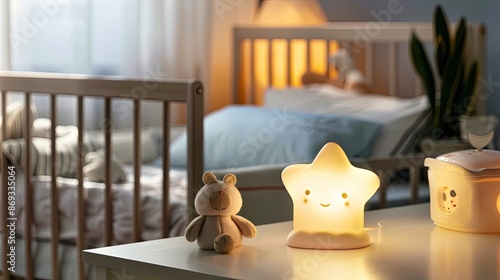 A smiling star-shaped night light illuminates a wooden table in a bedroom photo