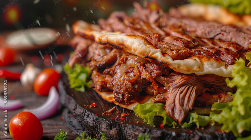 Close-up of a tasty looking popular Turkish doner kebab on a pita with greens and veggies Close-up of a tasty looking popular Turkish doner kebab on a pita with greens and veggies
