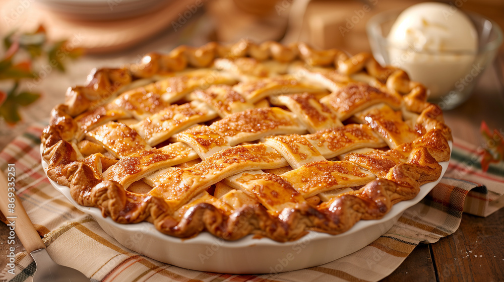Close-up of a tasty looking freshly baked traditional American apple pie on a plate Close-up of a tasty looking freshly baked traditional American apple pie on a plate