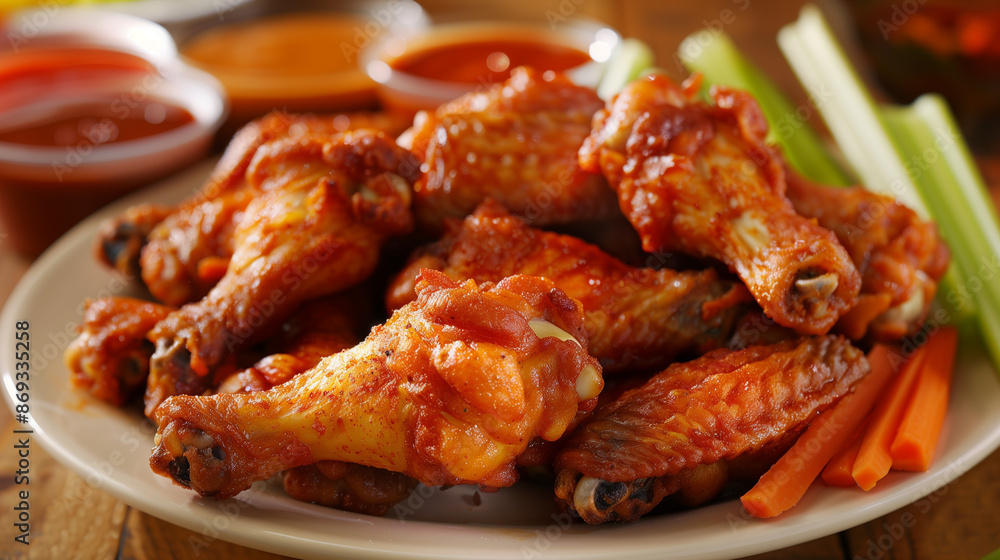 Close-up of a tasty looking fried chicken wings on a plate with restaurant serve Close-up of a tasty looking fried chicken wings on a plate with restaurant serve