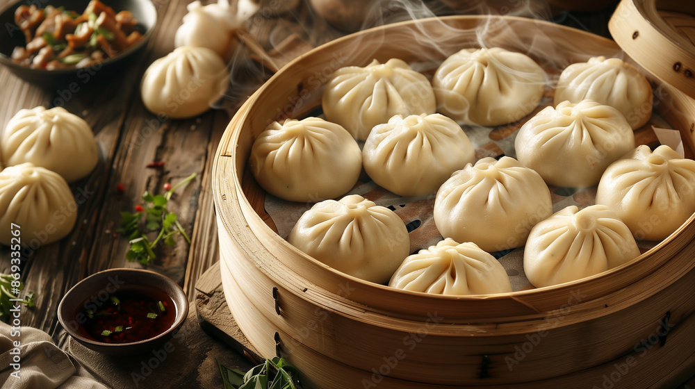 Fototapeta premium Close-up of a tasty looking baozi a traditional Chinese steamed buns on a wooden Chinese plate with restaurant serve