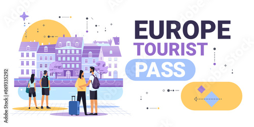 Tourists exploring European cityscape with historic buildings modern flat design travel concept colorful abstract elements