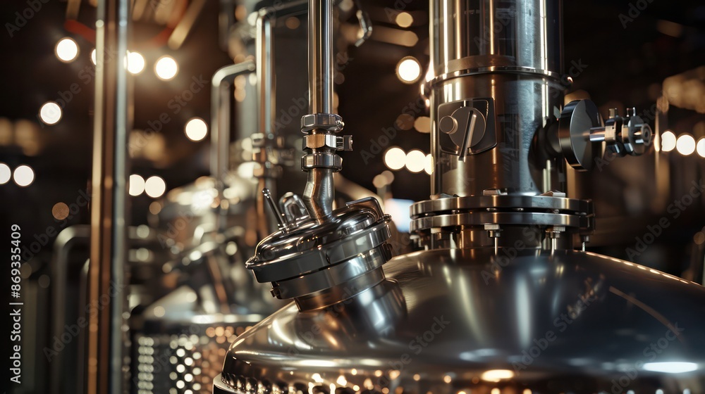Detailed close-up of a distillery with stainless steel distillation equipment, spotlights. Detailed close-up of a distillery with stainless steel distillation equipment, spotlights.