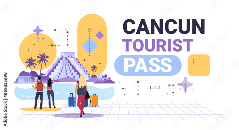 Tourists exploring ancient pyramid tropical landscape modern abstract design colorful elements travel theme Tourists exploring ancient pyramid tropical landscape modern abstract design colorful elements travel theme