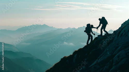 wide horizontal motivation banner with supportive mountain hikers, giving helping hands and pull other to take up 