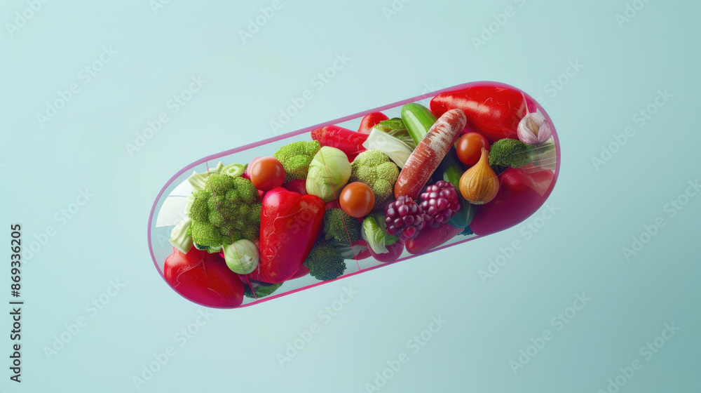 A red and clear capsule with various vegetables inside, floating in the air A red and clear capsule with various vegetables inside, floating in the air