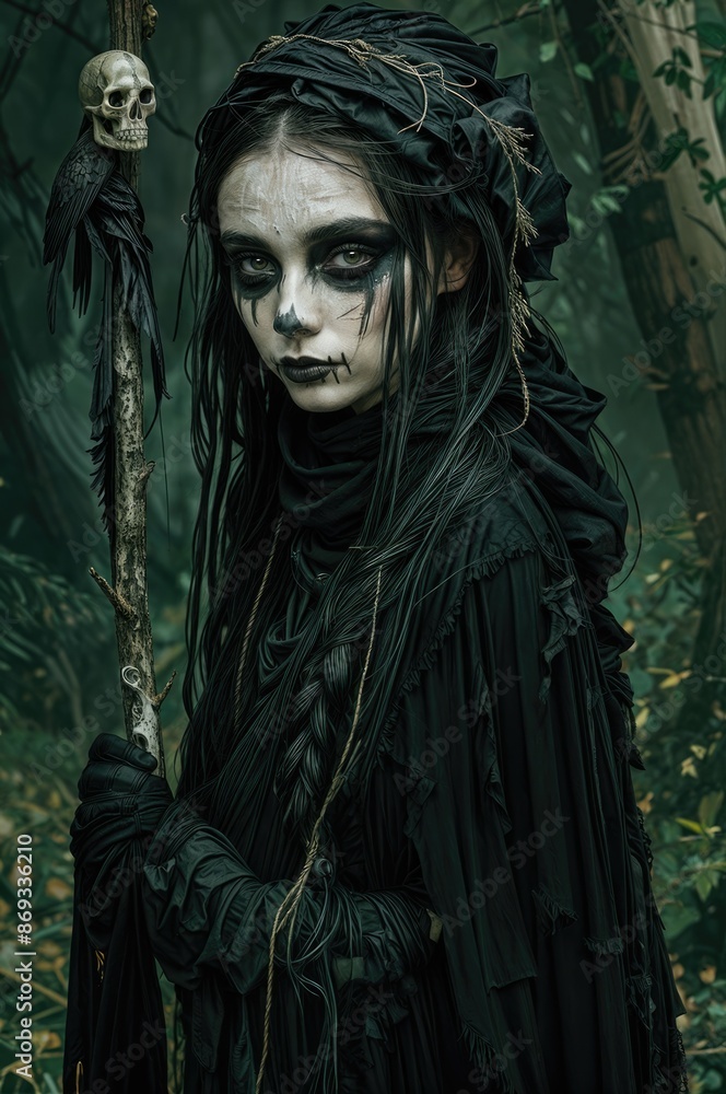 A terrible witch in a black cloak, with long black hair and black makeup, in a dark forest. A terrible witch in a black cloak, with long black hair and black makeup, in a dark forest.