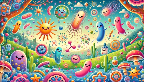 Cute and Colorful Microbial Cartoon Landscape © SylviePM