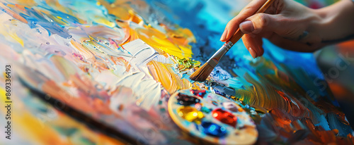 Wallpaper Mural close-up of an artist's hand holding a paintbrush, painting on canvas with vibrant colors and brush strokes, showcasing the artistic process in action. With copy space Torontodigital.ca