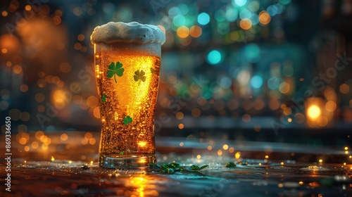 A traditional St. Patrick's Day green beer stands on the bar's clear table.