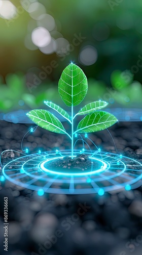 plant sprouting from the ground with glowing blue connection nodes around it
