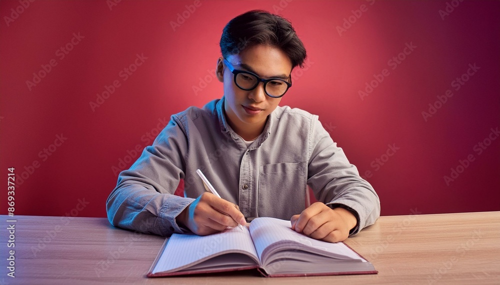 Determined student studying late at night with red background. Determined student studying late at night with red background.