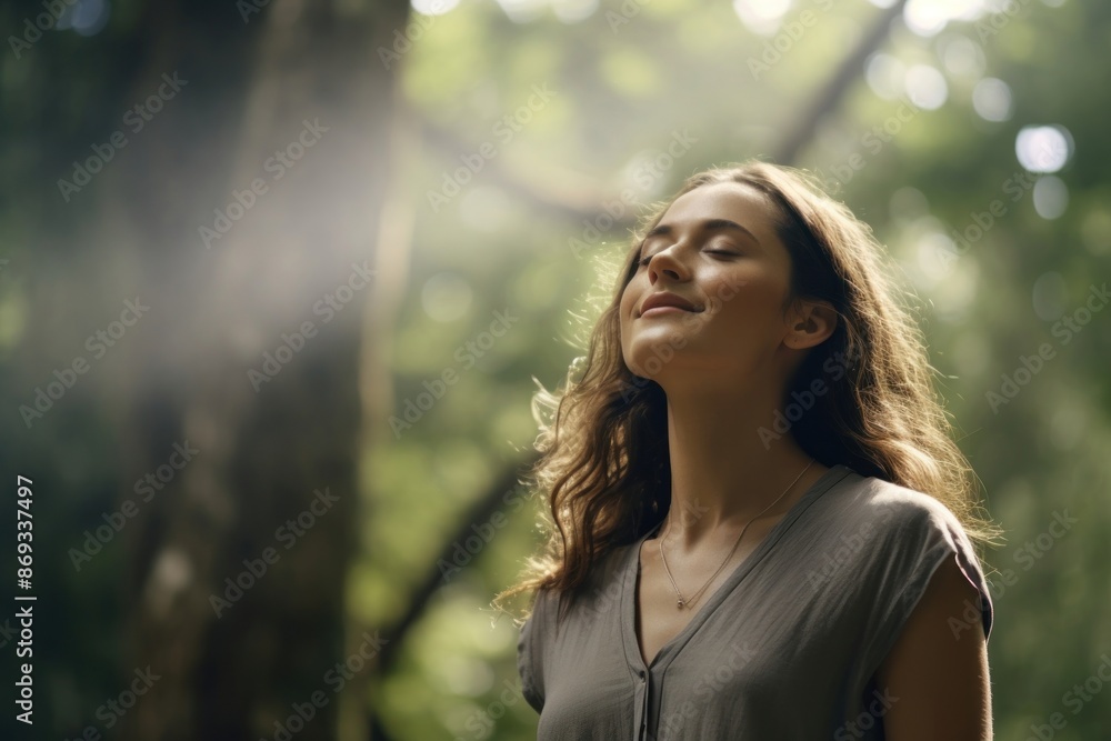 Woman smelling the air in the forest photography portrait adult. Woman smelling the air in the forest photography portrait adult.