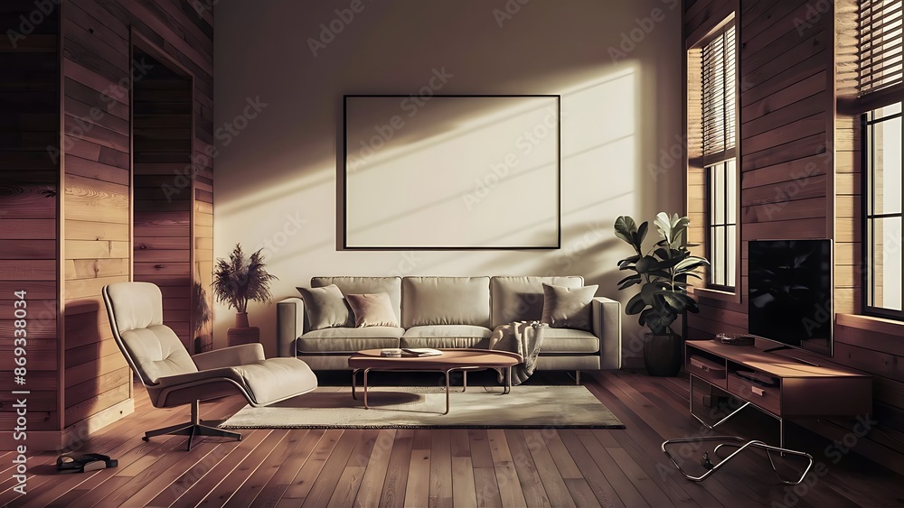 Modern living room interior with blank wall, sofa, lounge chair, table, wooden wall and floor. Modern living room interior with blank wall, sofa, lounge chair, table, wooden wall and floor.