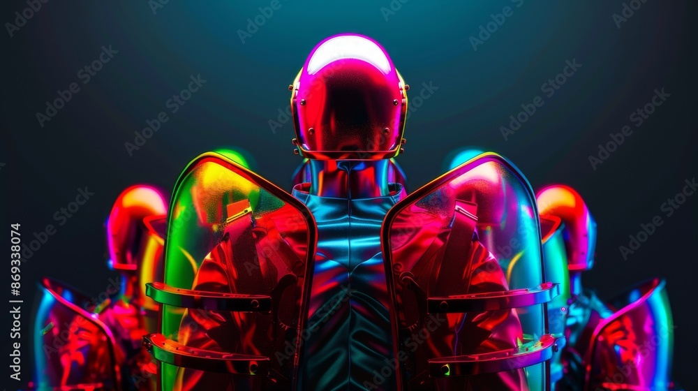 Futuristic neon-lit figures in glowing suits, against a dark background, embodying modern science fiction and innovative technology. Futuristic neon-lit figures in glowing suits, against a dark background, embodying modern science fiction and innovative technology.