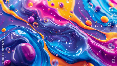 Abstract background with colorful liquid, vibrant colors and bubbles on a dark background. Design suitable for a banner, poster or cover with minimal