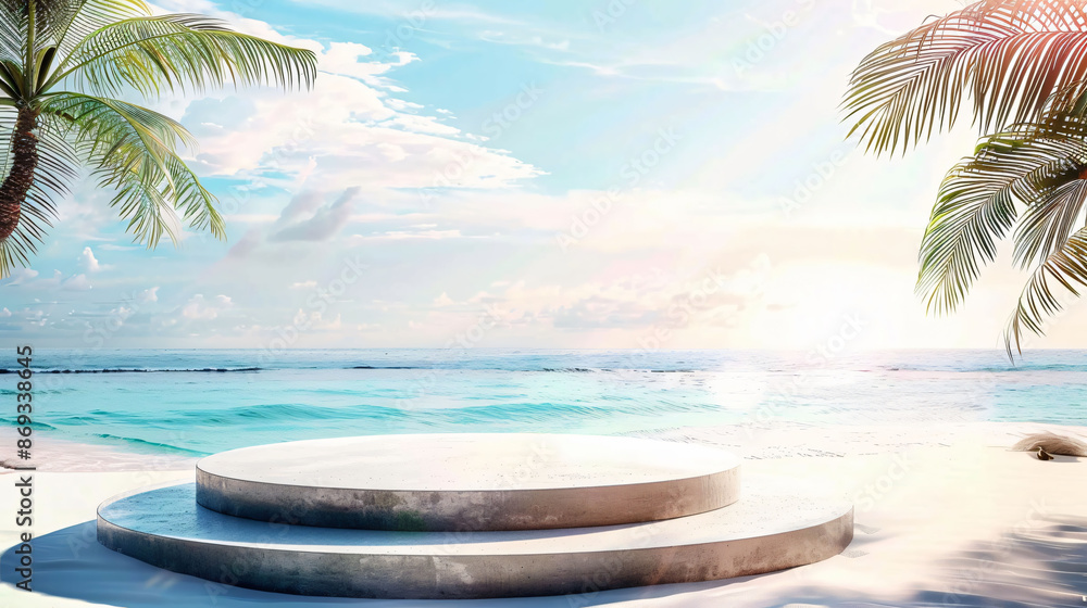 Obraz premium Abstract stone podium on tropical beach background. Perfect for product presentations.