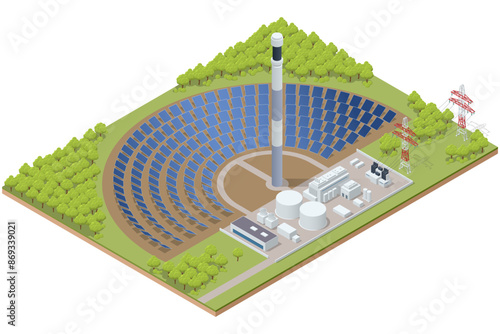 Isometric concentrated solar thermal system with power tower and mirrored heliostats. Solar charging stations, Environmental impact, Energy access, Energy independence, Innovations in solar energy