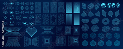 Abstract 3D wireframe shapes, mesh grids, and geometric forms. Neon blue Y2K designs with futuristic and psychedelic patterns. Tech and cyberpunk elements in a surreal digital art.
