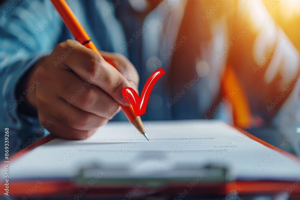 Hand with a pencil writing on a clipboard with a red check mark, representing approval, review, or completion in a professional setting. Hand with a pencil writing on a clipboard with a red check mark, representing approval, review, or completion in a professional setting.