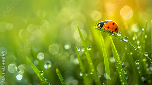 Ladybug on Dew-Covered Grass in Morning Sun © Andsx
