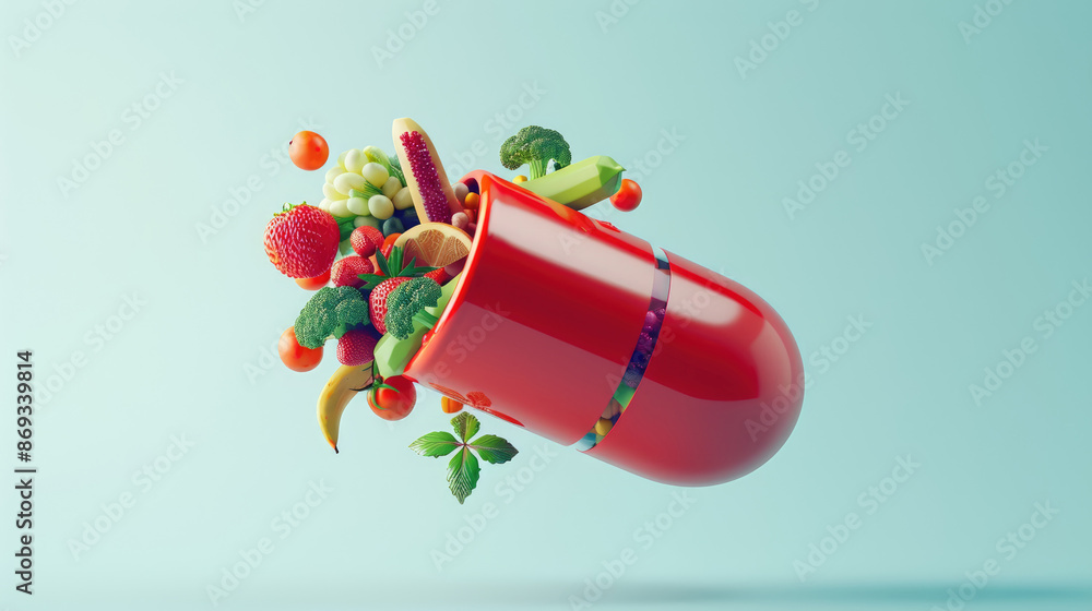 Obraz premium A red and clear capsule with various vegetables inside, floating in the air