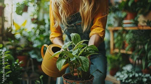 The image shows a close-up of a woman in a yellow shirt, gently pouring water from a yellow watering can into a green potted plant, surrounded by other houseplants. photo