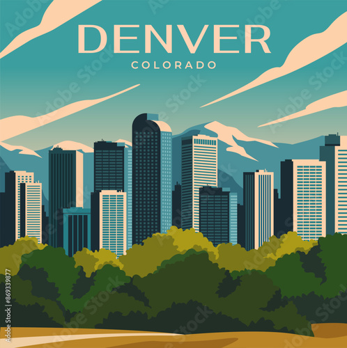 Poster with landscape of Denver, Colorado. Modern cityscape of USA city with skyscrapers of business center, mountains and natural parks. Tourism and travel destinations. Cartoon vector illustration