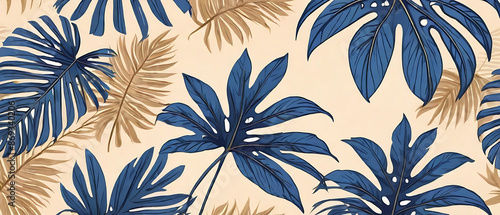 Tropical floral wallpaper. Illustrations of plants, palm leaves and flowers for poster, greeting card, background or invitation. Muted trendy blue, beige, gold and bronze colors