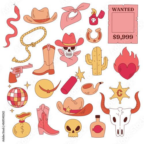 Western Cowboy Theme Collection Retro Groovy Style Editable Stroke Vector Illustration