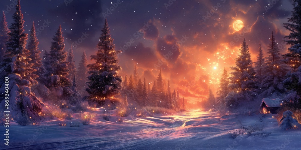 a festive Christmas abstract landscape background with snow-covered pine trees, twinkling holiday lights, and a cozy, warmly lit cabin in the distance a festive Christmas abstract landscape background with snow-covered pine trees, twinkling holiday lights, and a cozy, warmly lit cabin in the distance