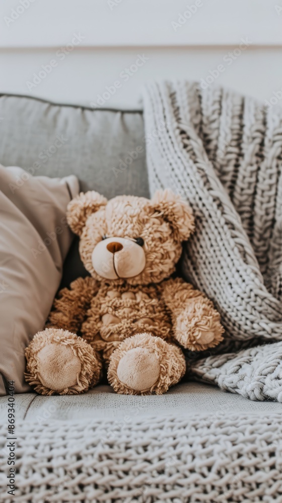 A brown knitted teddy bear sits on a light grey couch with white knit throw pillows A brown knitted teddy bear sits on a light grey couch with white knit throw pillows