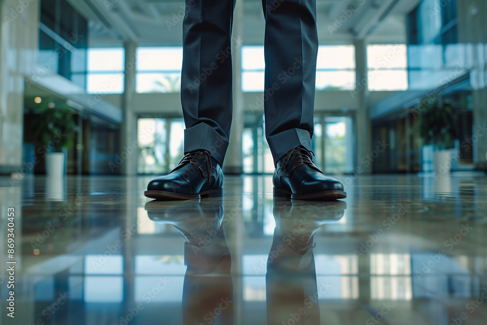 Businessman's leather shoes. Businessman in suit. The photo shows only the shoes and glass office on the back. Businessman's leather shoes. Businessman in suit. The photo shows only the shoes and glass office on the back.