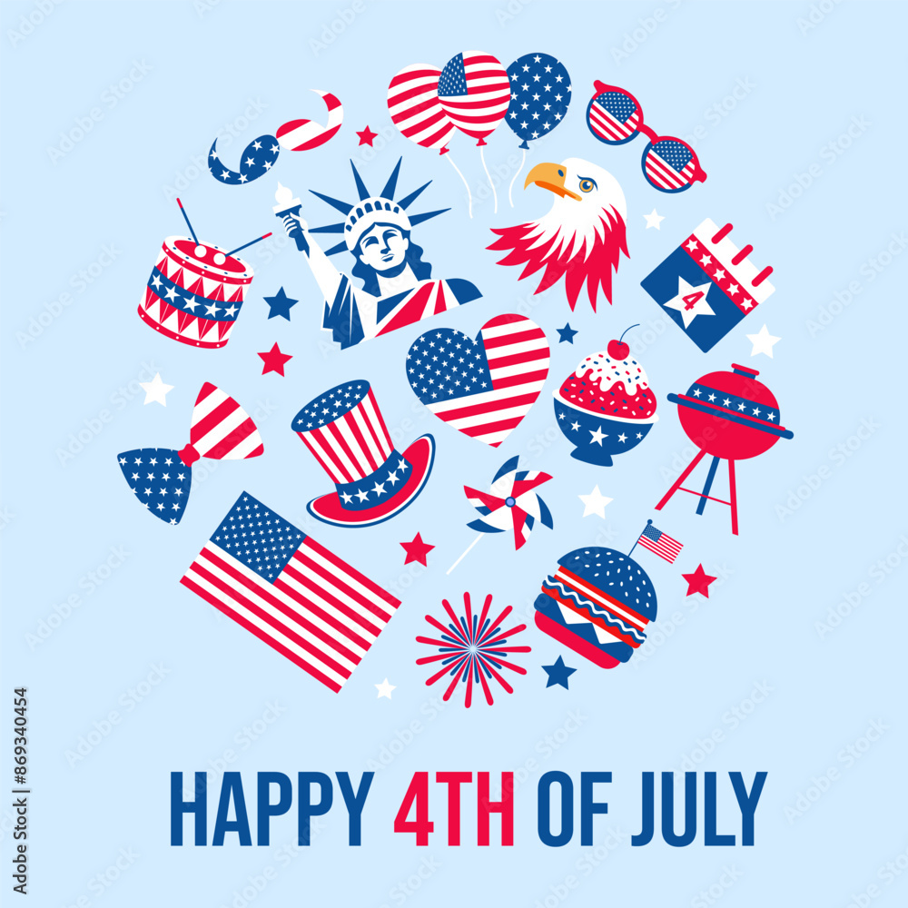 A blue background with a red, white and blue American flag in the center. The flag is surrounded by various American symbols and objects, including a hot dog, a hamburger, a baseball bat, a drum A blue background with a red, white and blue American flag in the center. The flag is surrounded by various American symbols and objects, including a hot dog, a hamburger, a baseball bat, a drum