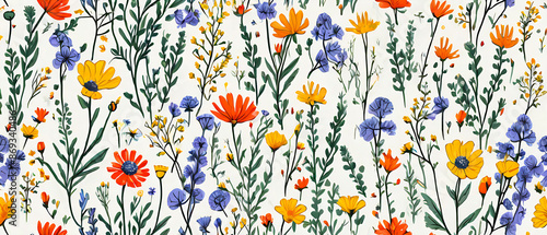 Abstract seamless pattern with cute hand drawn meadow flowers. Fashion stylish natural background.