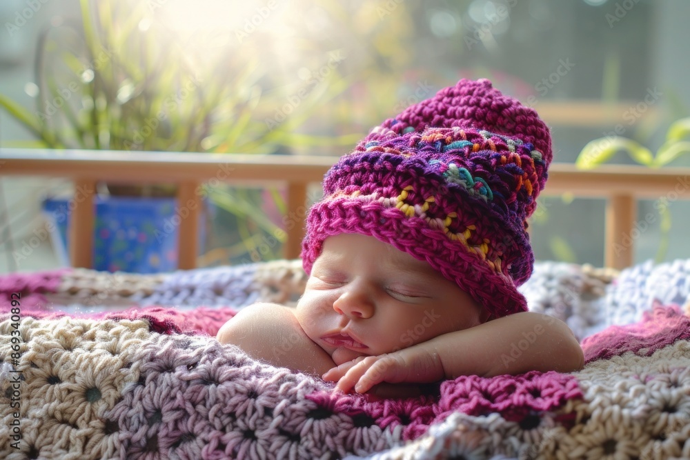Charming crochet plum baby hat with playful designs, neatly placed on a soft blanket in a sunlit nursery Charming crochet plum baby hat with playful designs, neatly placed on a soft blanket in a sunlit nursery