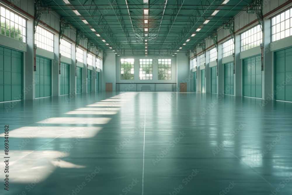 Fototapeta premium A modern industrial hall featuring green elements, large windows, and a spacious floor area. Abundant natural light creates a clean and airy atmosphere within the hall.