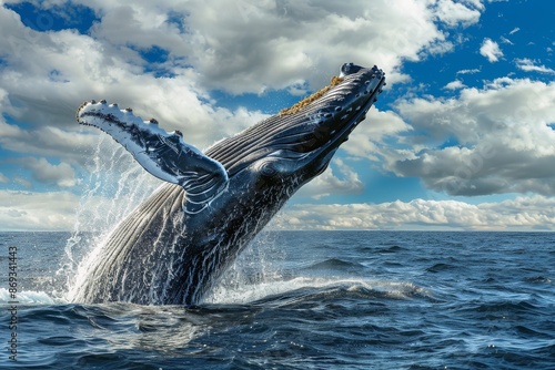 A humpback whale breaching the oceans surface with water droplets glistening in the sunlight. photo