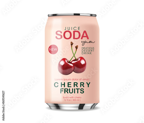 Soda drink contained in metallic cans with cherry fruits, 3d realistic pink cans, summer drink, package design, vector