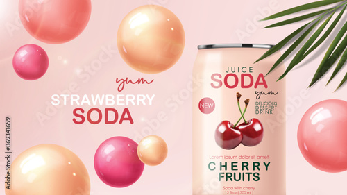 Soda drink contained in metallic cans with cherry fruits and tropical background, 3d realistic pink cans, summer drink, package design