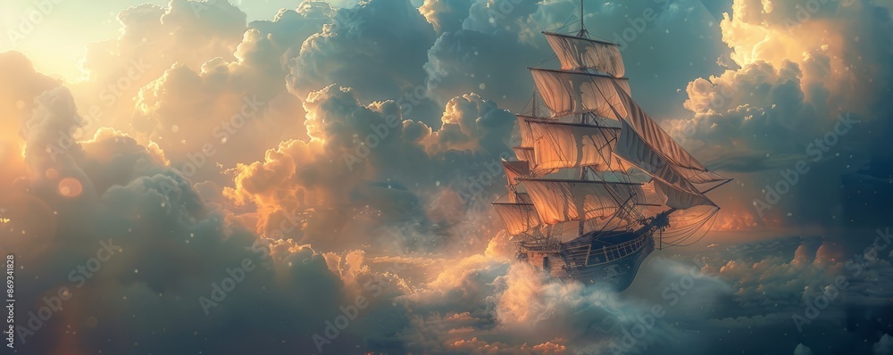 A whimsical pirate ship with billowing sails. Realistic. A whimsical pirate ship with billowing sails. Realistic.