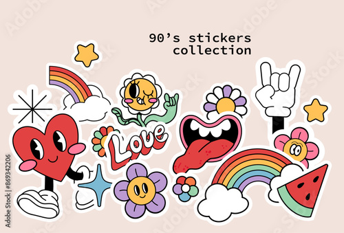 Groovy hippie retro stickers set. Cartoon rainbow, flower, love, heart and daisy. Stickers in trendy 90s psychedelic cartoon style. Isolated vector hand drawn illustration. 