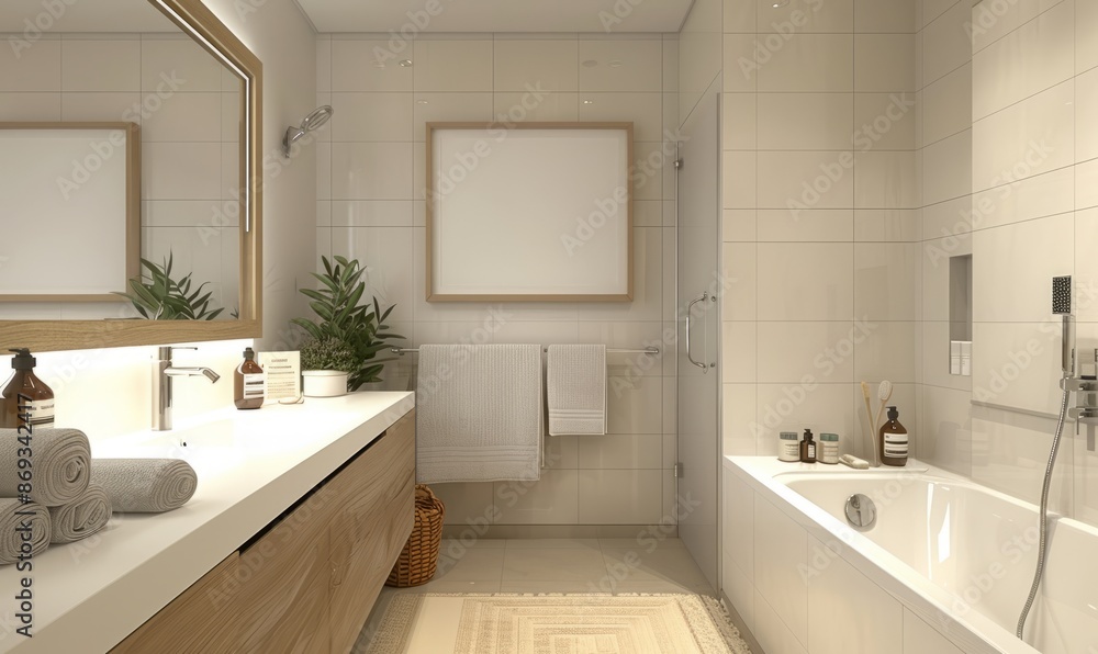 Cozy bathroom with a blank frame above the sink Cozy bathroom with a blank frame above the sink