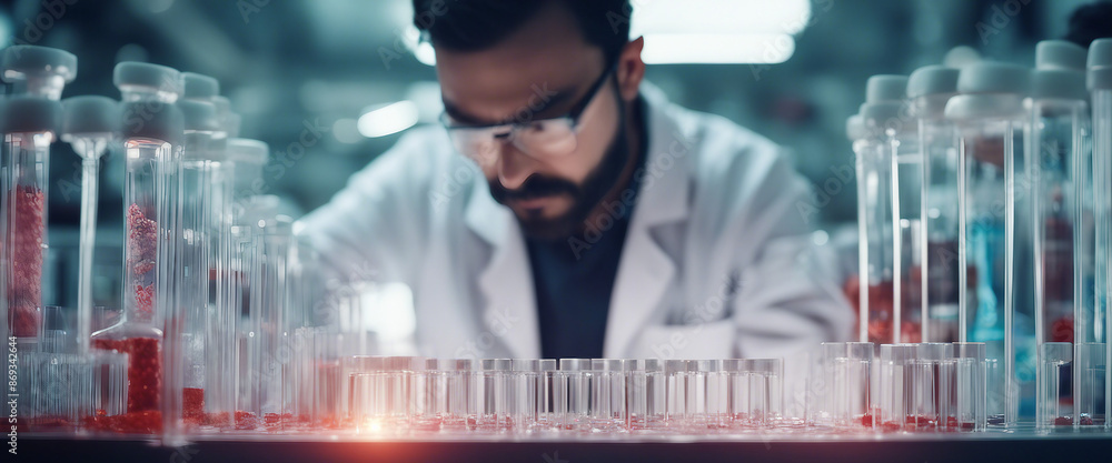 Scientist holding medical testing tubes or vials of medical pharmaceutical research with blood cells Scientist holding medical testing tubes or vials of medical pharmaceutical research with blood cells